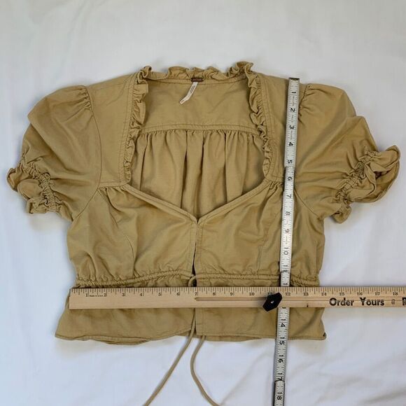 Free People Milkmaid Peasant Cropped Blouse Top XS Tan Brown Puff Short Sleeve - Picture 7 of 10
